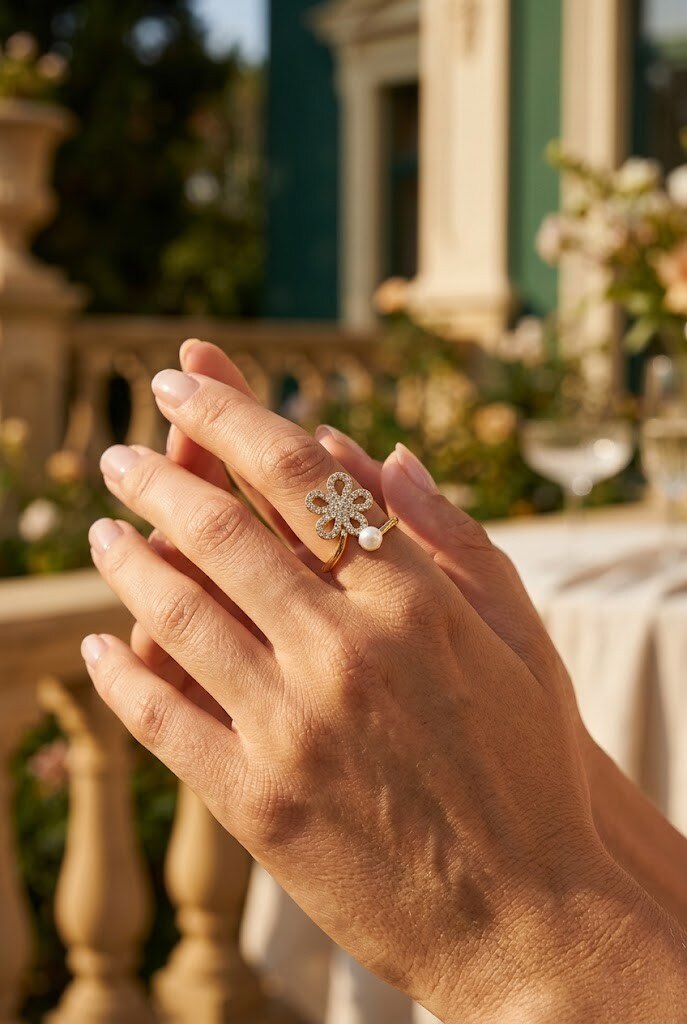 Grossiste WEC - Bague Ajustable Fleur Cristaux & Perle en Acier Inoxydable