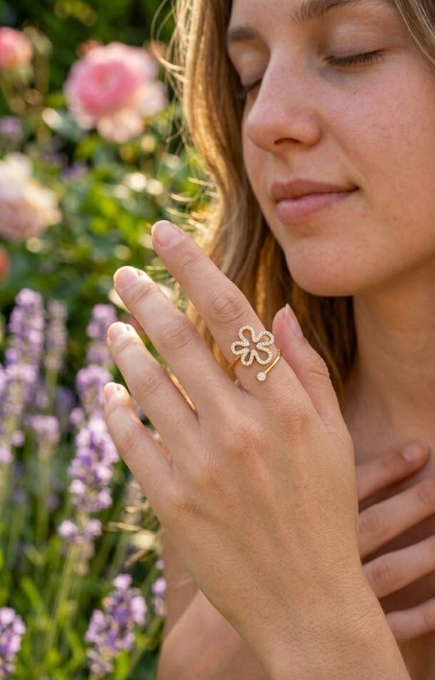 Grossiste WEC - Bague Ajustable Fleur Cristaux en Acier Inoxydable