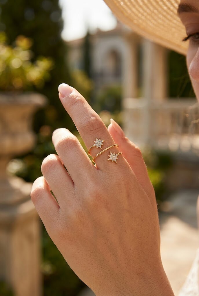 Grossiste WEC - Bague Ajustable Double Étoile en Acier Inoxydable – Collection Céleste