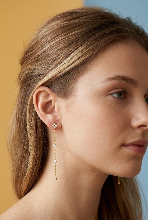 Grossiste WEC - Boucles d'Oreilles Pendantes « Chaine & Trèfle Scintillant » – Acier Inoxydable Doré