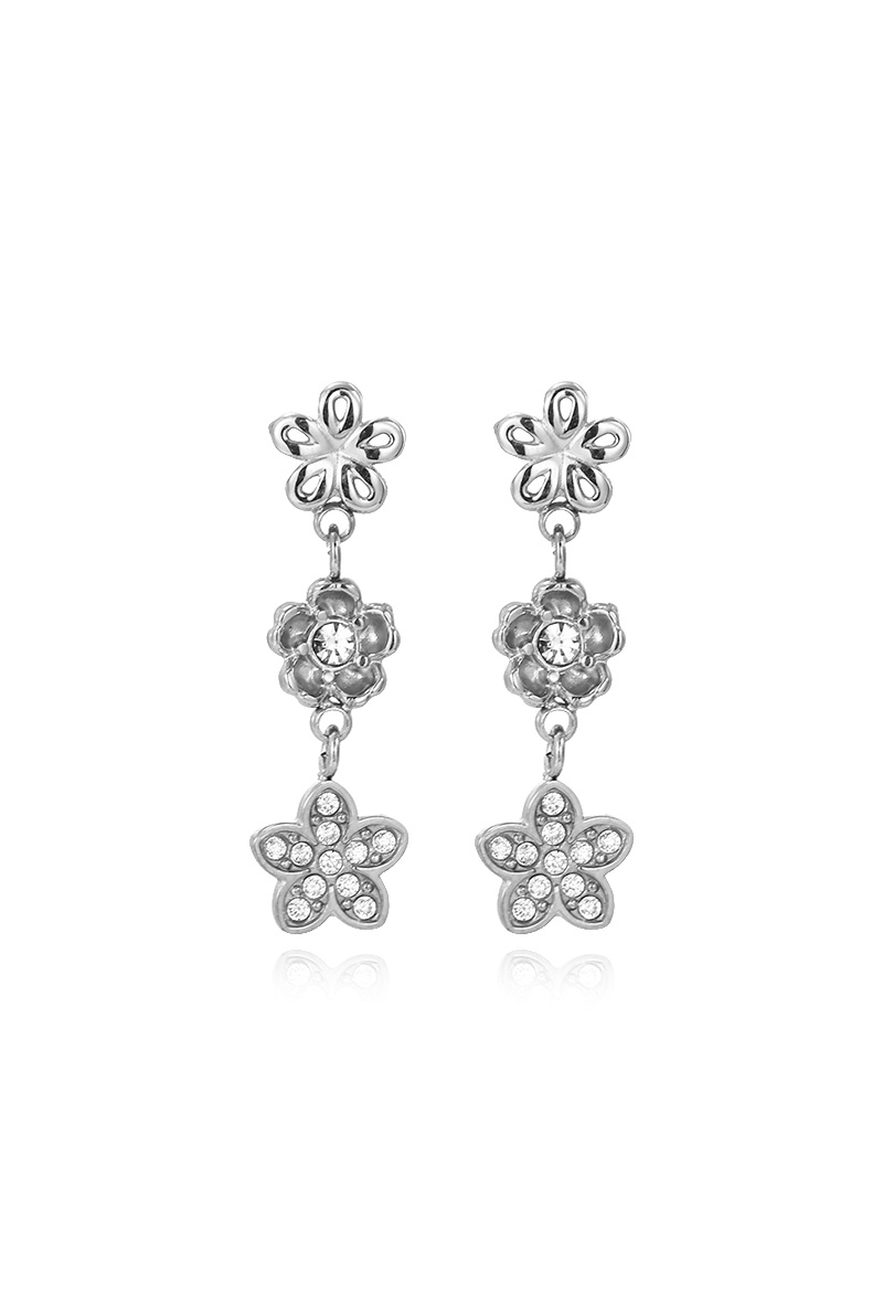 Grossiste WEC Bijoux - Boucles d'Oreilles Trio de Fleurs en Acier Inoxydable Argenté