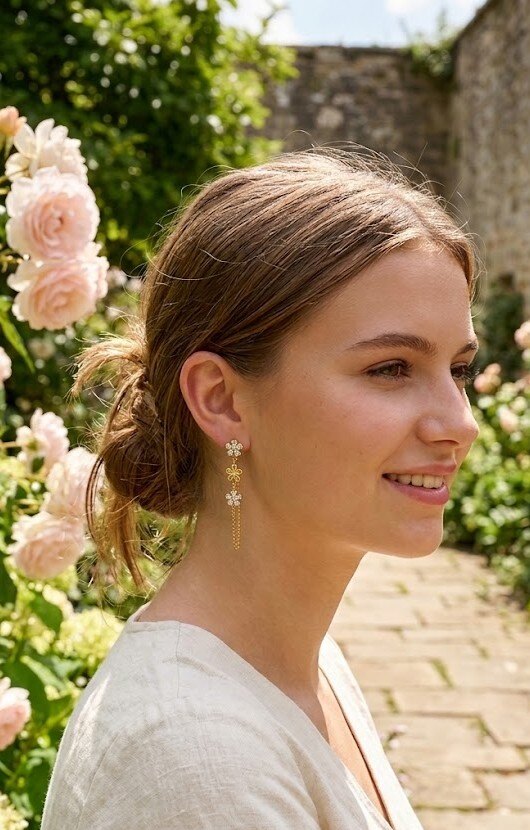 Grossiste WEC - Boucles d'Oreilles Suspendues Trio de Fleurs en Acier Inoxydable