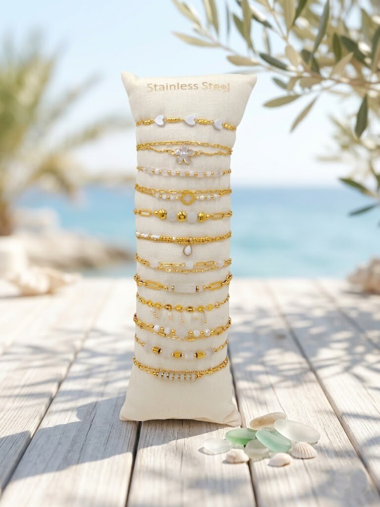 Grossiste WEC - Lot de 12 bracelets en acier inoxydable +boudin -Collection Éclat Blanc & Or