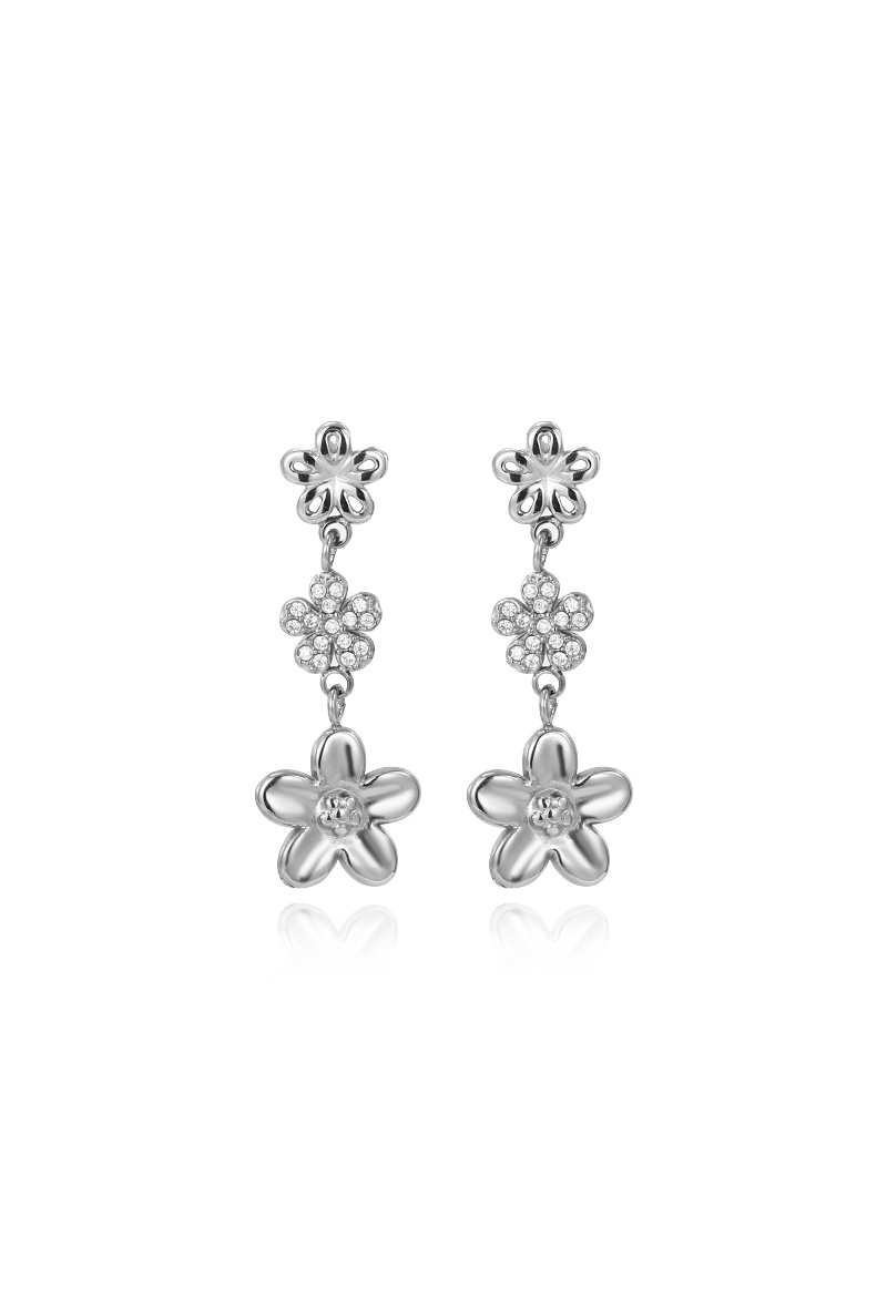 Grossiste WEC Bijoux - Boucles d'Oreilles Pendantes Triple Floraison – Acier Inoxydable Argenté