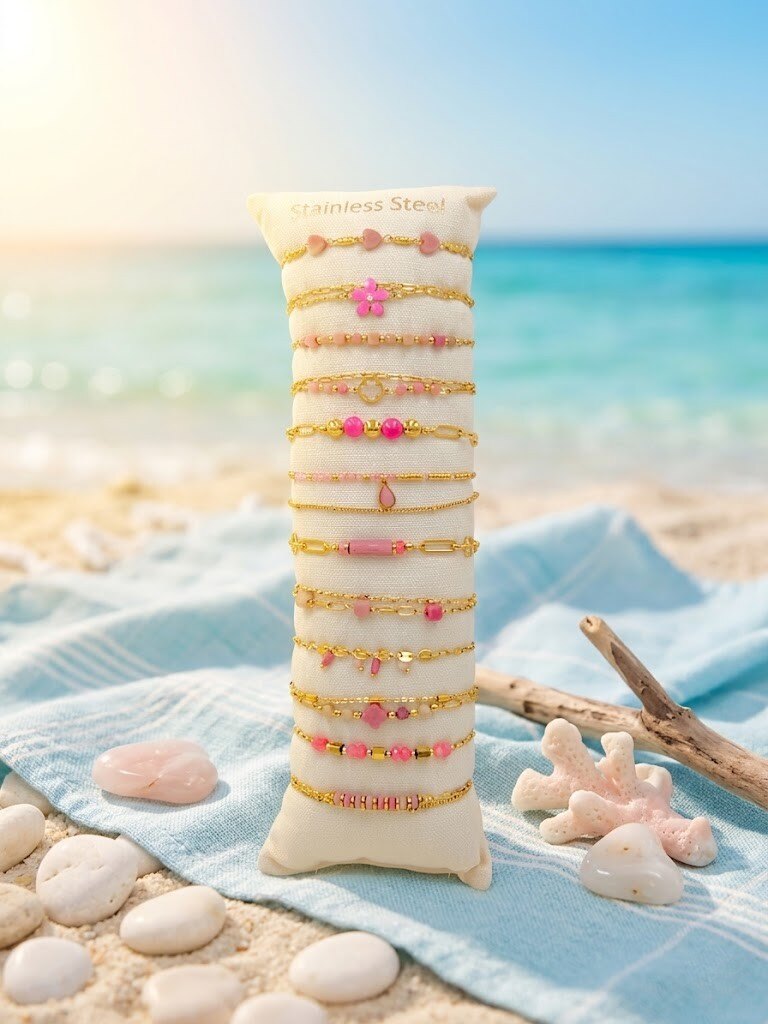 Grossiste WEC - Lot de 12 bracelets en acier inoxydable +boudin -Collection Éclat Rose