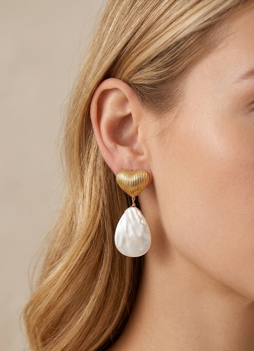 Grossiste WEC - Boucles d'Oreilles Cœur & Nacre – L'Élégance Romantique en Acier Or