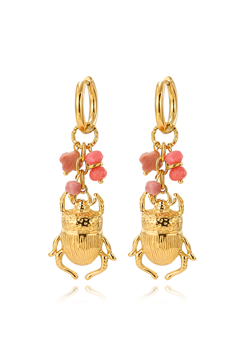 Grossiste WEC Bijoux - Boucles d'Oreilles Créoles Scarabée Sacré – Acier Doré & Pierres Roses
