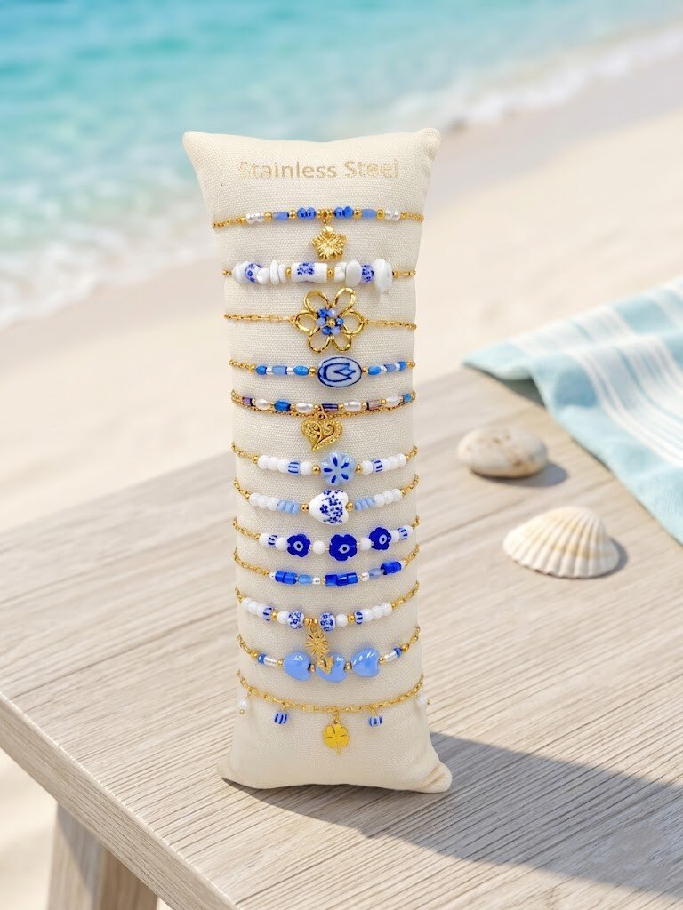 Grossiste WEC - Lot de 12 bracelets en acier inoxydable +boudin -Collection Azur & Porcelaine