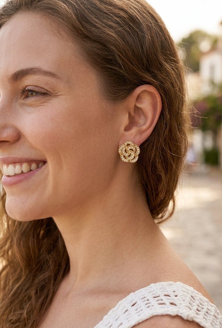 Grossiste WEC Bijoux - Boucle d'oreilles Fleur – Acier Inoxydable & Cristaux