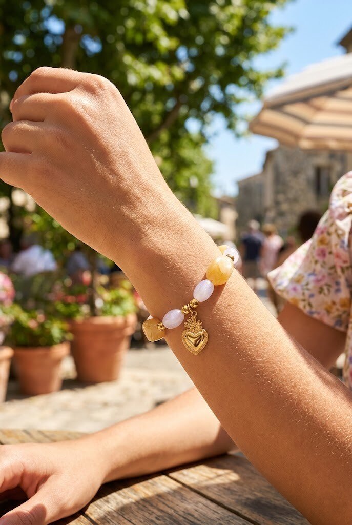 Grossiste WEC - Bracelet Élastique « Cœur Sacré » en acier inoxydable – Éclat Doré & Perles Pastel