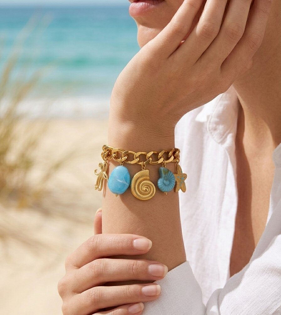 Grossiste WEC Bijoux - Bracelet Charm's Évasion Marine – Acier Inoxydable Doré