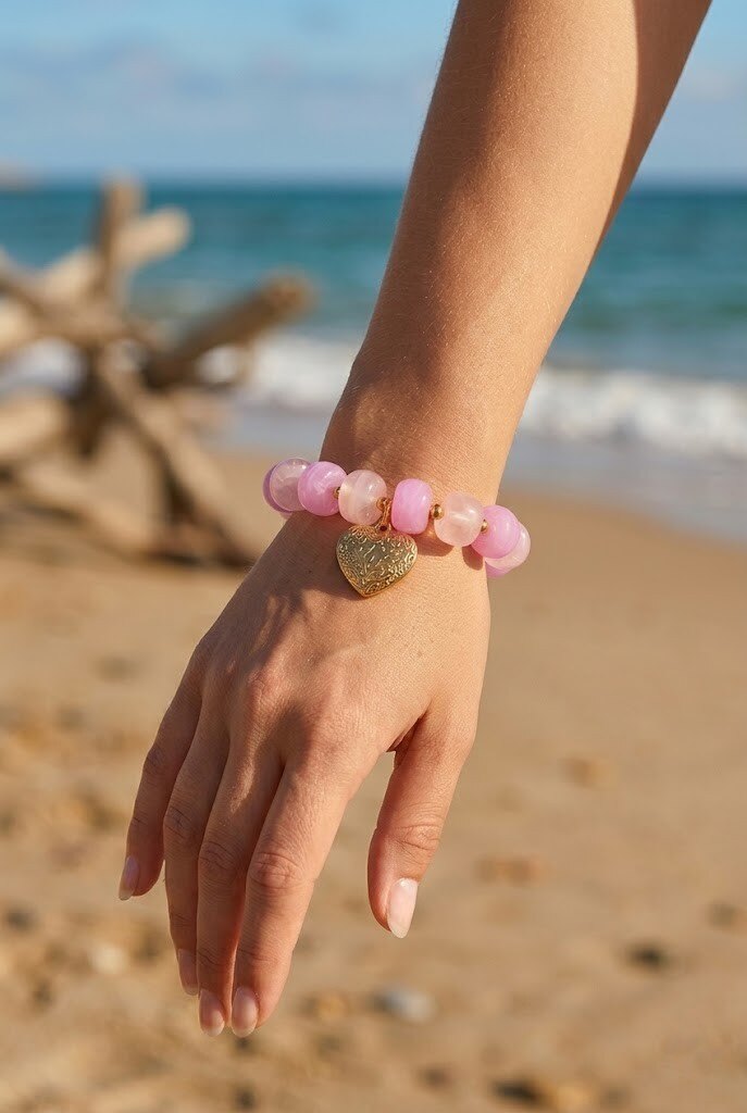 Grossiste WEC - Bracelet Élastique Sweet Heart – Perles Résine & Acier Doré