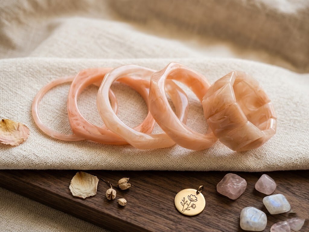 Grossiste WEC - Lot de 5 Bracelets Joncs en Résine Marbrée - Aura Pêche