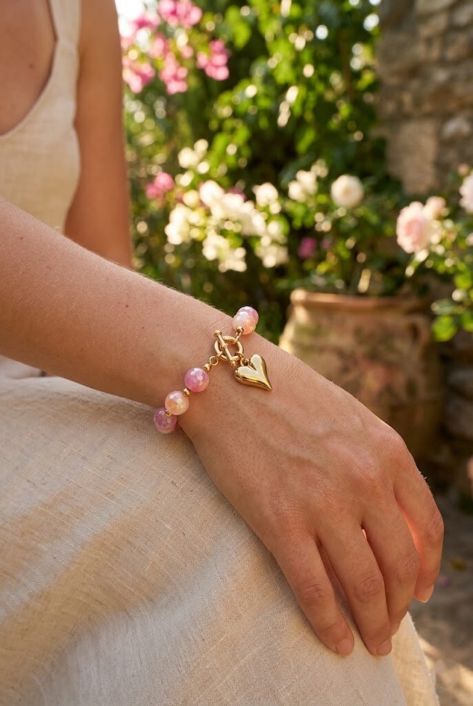 Grossiste WEC - Bracelet Perles Facettées & Charme Cœur en Acier inoxydable