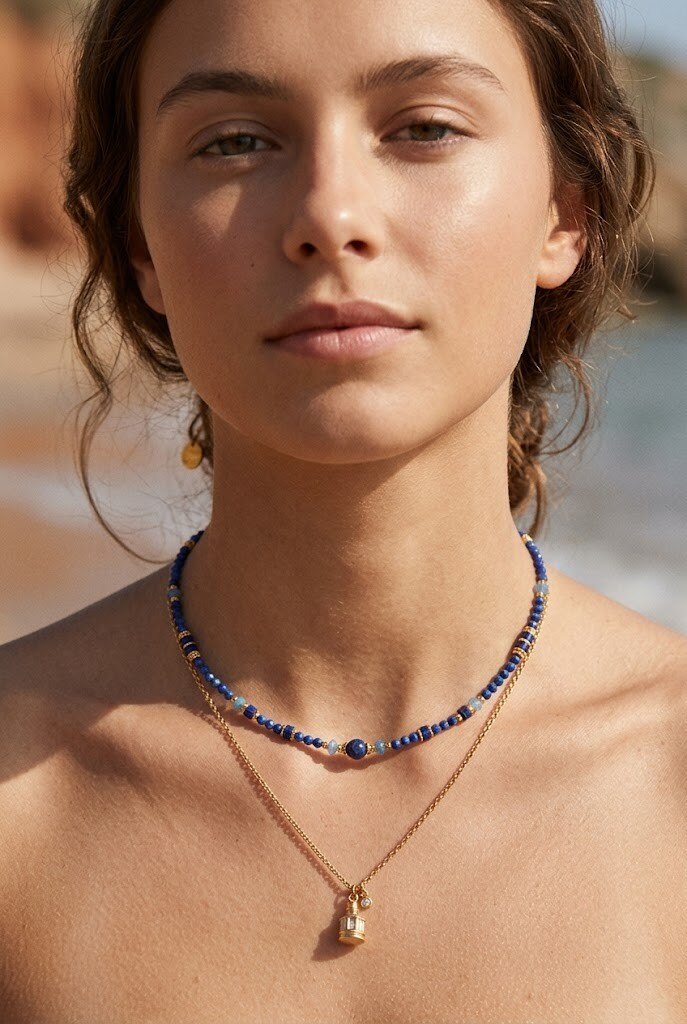Grossiste WEC - Collier Double Rang « Bleu Azur » – Lapis-Lazuli & Pendentif Lanterne