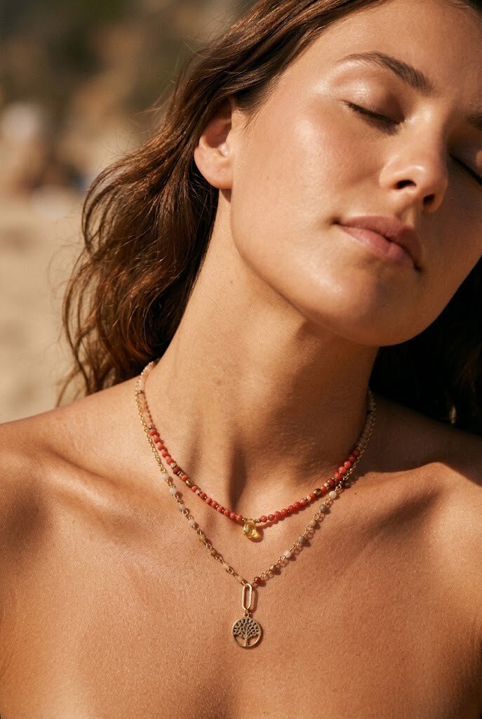 Grossiste WEC Bijoux - Collier Double-Rangs Arbre de Vie – Acier Inoxydable Doré & Pierres Naturelles