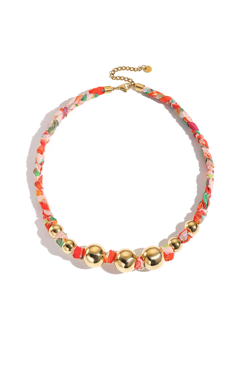 Grossiste WEC Bijoux - Collier Summer Harmony – Tissu Tressé & Perles Dorées en Acier