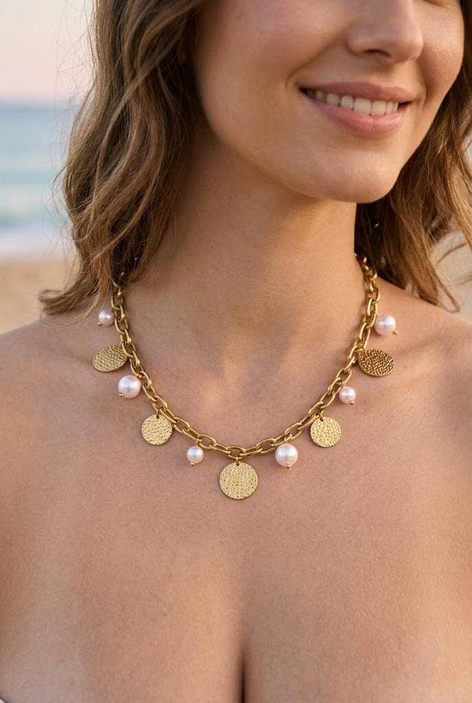Grossiste WEC - Collier Éclat Bohème en acier inoxydable – Maillons XXL, Perles & Pampilles Martelées