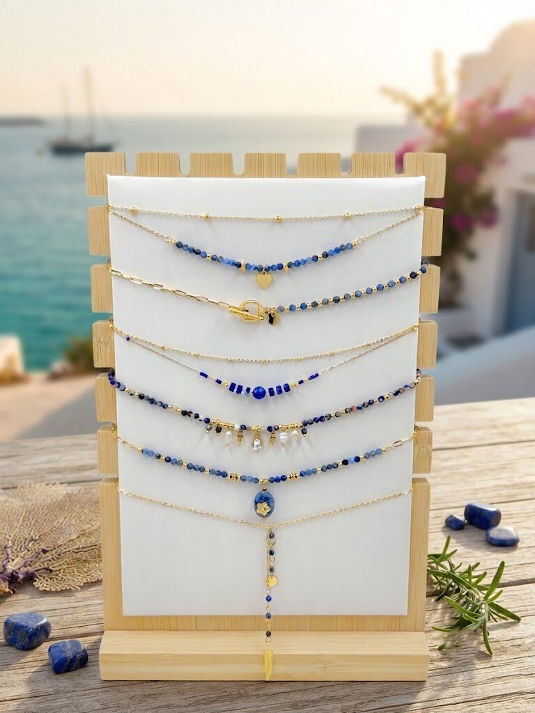 Grossista WEC Bijoux - Set di 7 Collane in Acciaio Inossidabile + Espositore – Armonia Blu e Oro