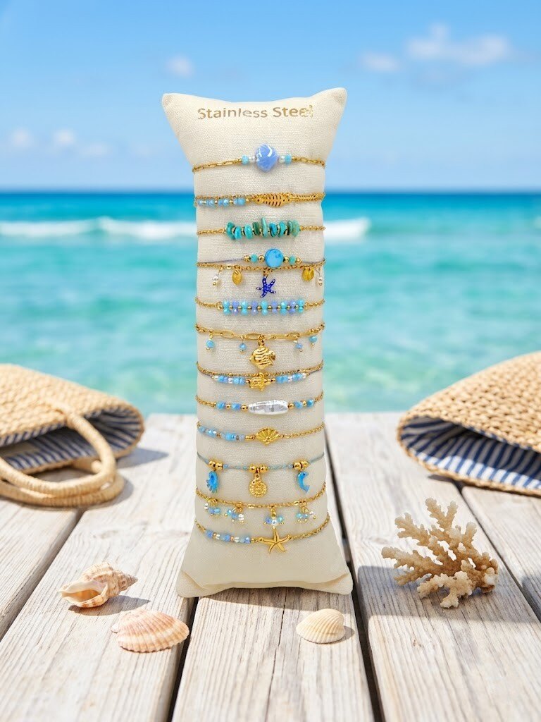 Grossiste WEC - Lot de 12 bracelets en acier inoxydable+boudin-Collection Échappée Marine