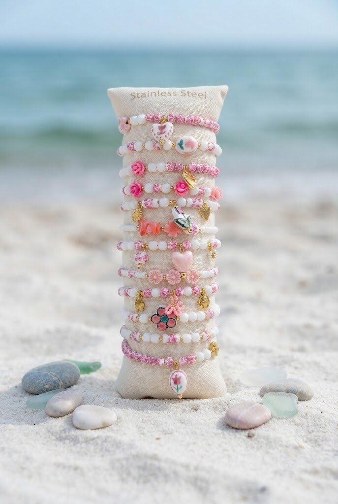 Grossiste WEC - Lot de Bracelets Perles Esprit Porcelaine en Acier Inoxydable + Boudin