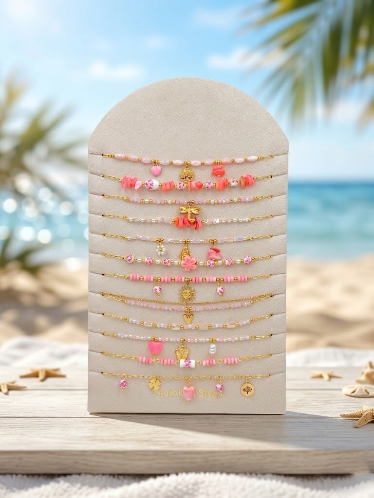Grossiste WEC - Lot de 12 Colliers en Acier Inoxydable + présentoir - Collection Éclat Rose