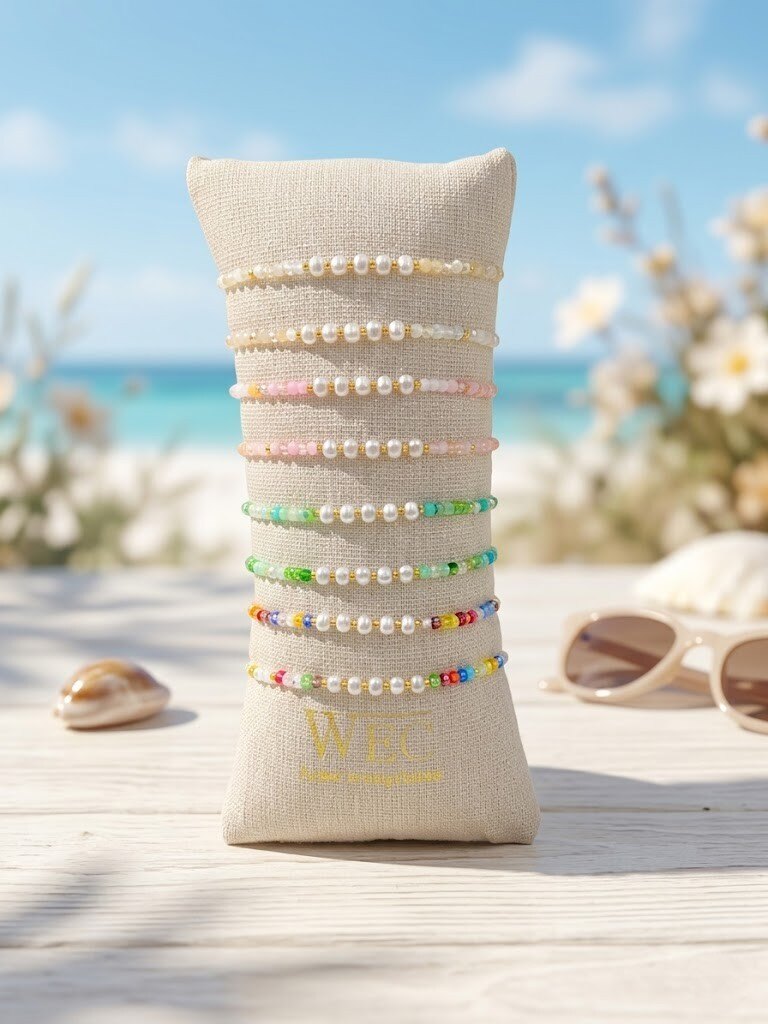 Grossista WEC - Set di 8 Braccialetti Estivi in Acciaio Inossidabile e Perle d'Acqua Dolce+salsiccia
