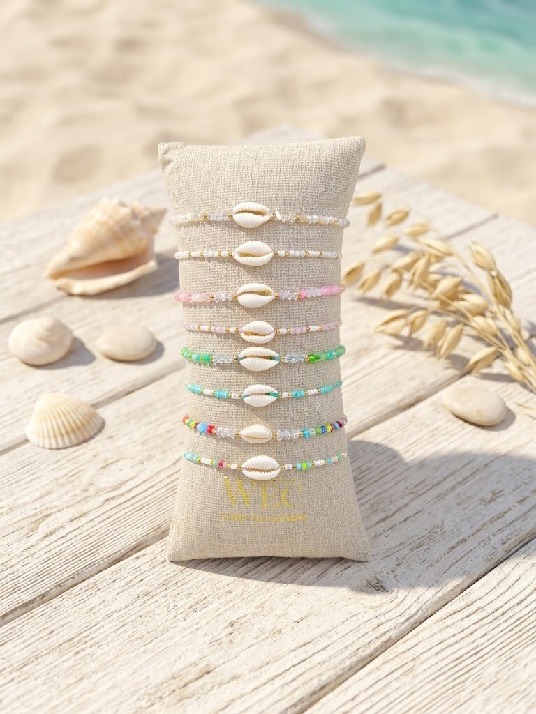 Grossista WEC - Set di 6 braccialetti in acciaio inossidabile +cordoncino -Collezione Conchiglia Dorata