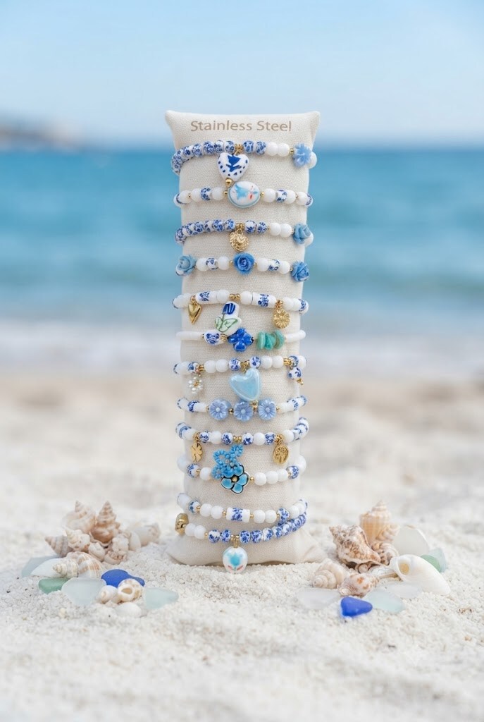 Grossiste WEC - Lot de Bracelets Perles Esprit Porcelaine en Acier Inoxydable + Boudin