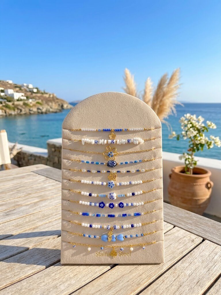 Grossiste WEC - Lot de 12 collies en acier inoxydable +présentoir -Collection Azur & Porcelaine –