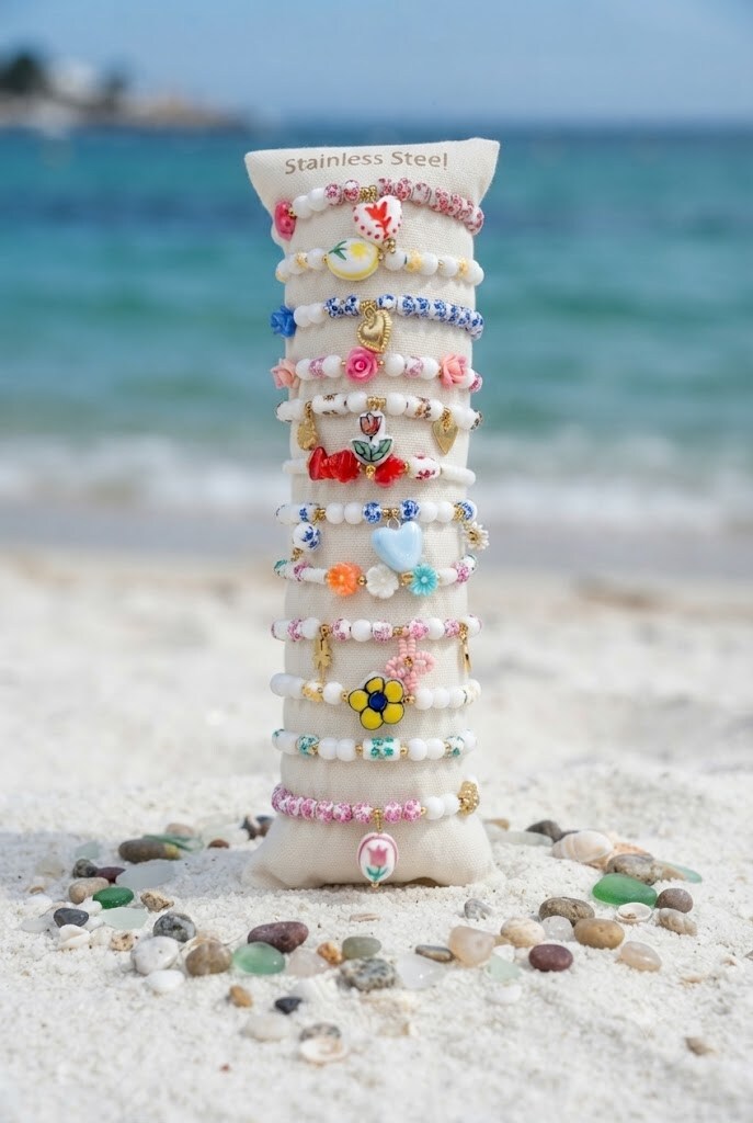 Grossiste WEC - Lot de Bracelets Perles Esprit Porcelaine en Acier Inoxydable + Boudin