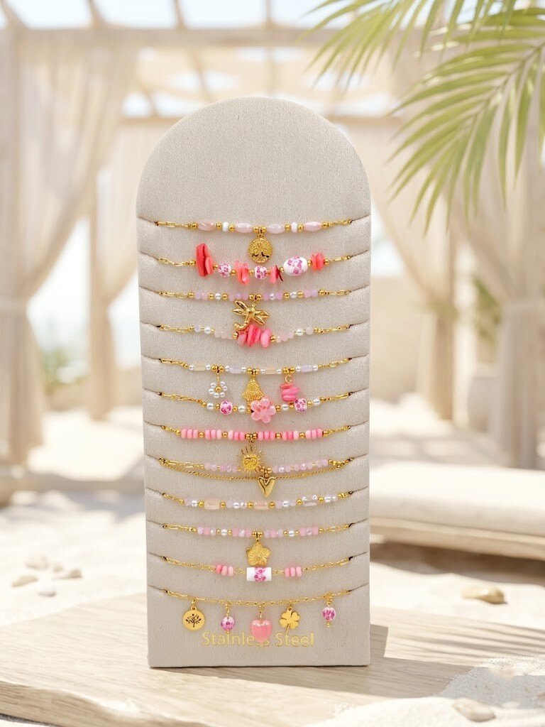 Grossiste WEC - Lot de 12 Bracelets en Acier Inoxydable +présentoir -Collection Éclat Rose