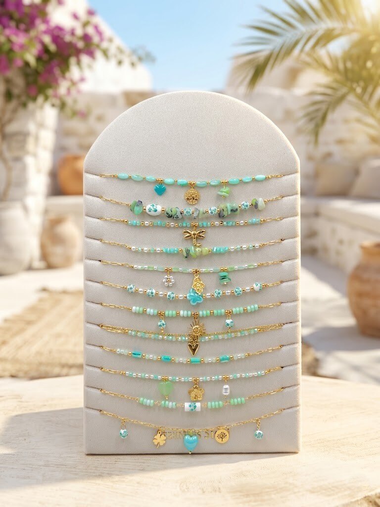 Grossiste WEC - Lot de 12 Colliers en Acier Inoxydable + présentoir - Collection Éclat Turquoise & Or