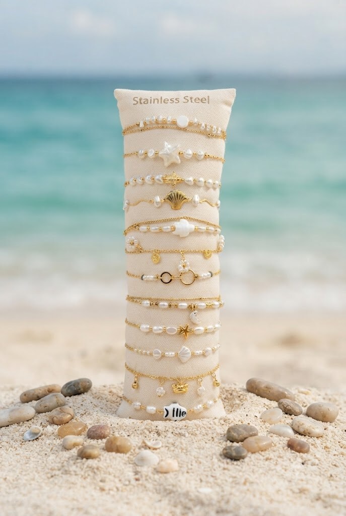 Grossiste WEC - Lot de 12 Bracelets Summer Vibes – Acier Inoxydable & Perles + Boudin