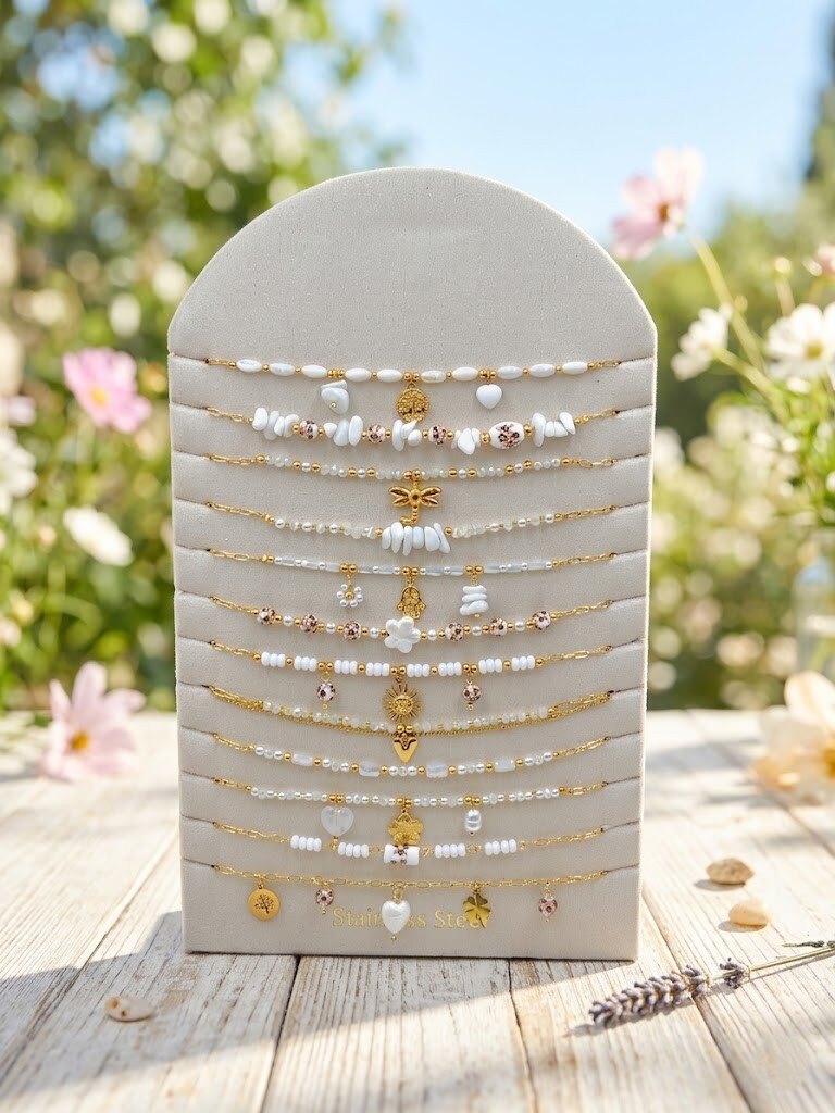 Grossiste WEC - Lot de 12 colliers en acier inoxydable & Perles Nacres +présentoir -Collection Éclat d'Été