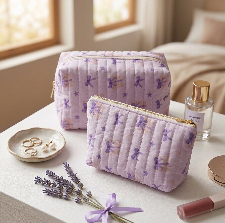 Mayorista WEC Bijoux - Dúo de Bolsas (estuche rectangular + bolsita) Lazos Lavanda – Acolchadas & Elegantes