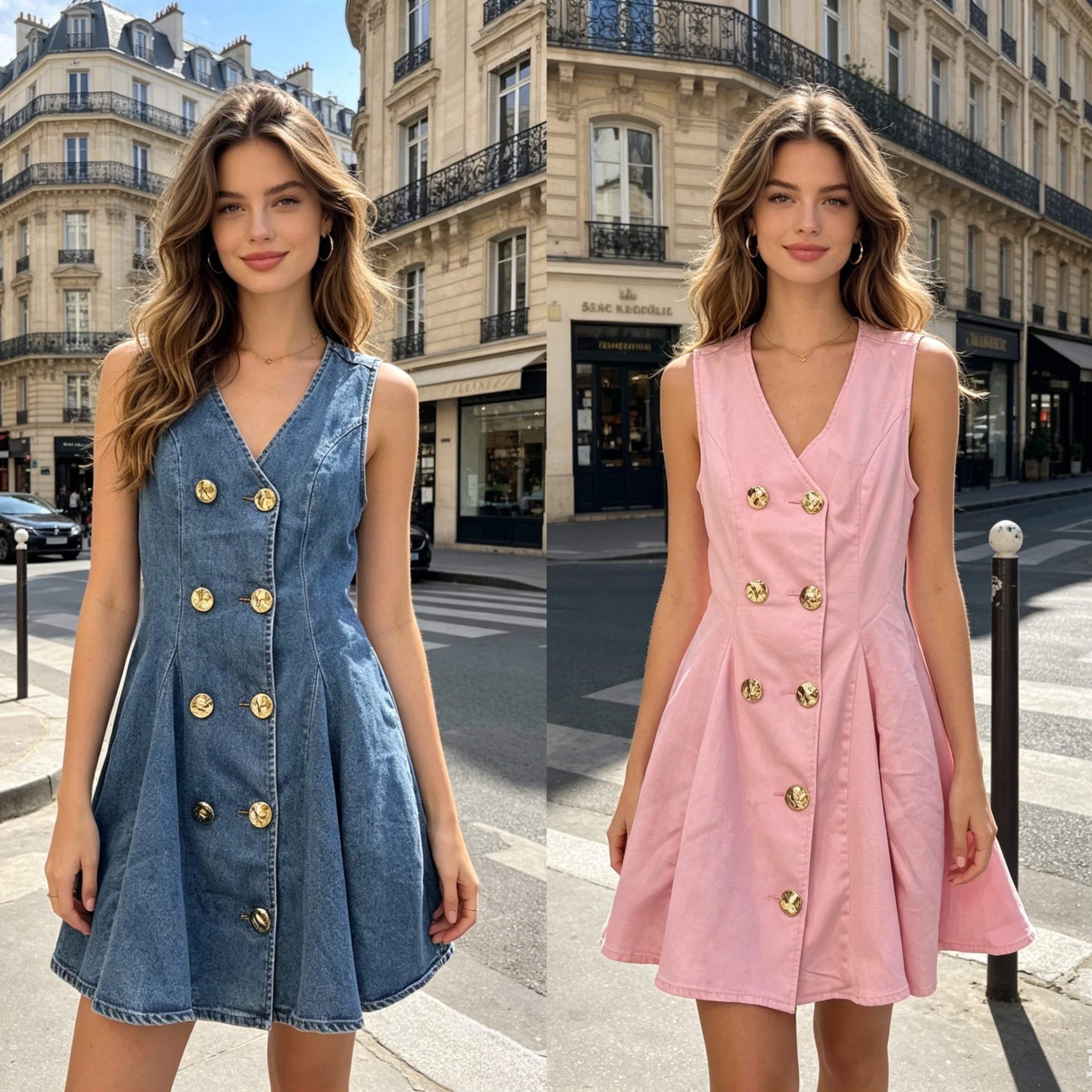 Wholesaler WEILCO - Sleeveless double-breasted denim dress with gold buttons