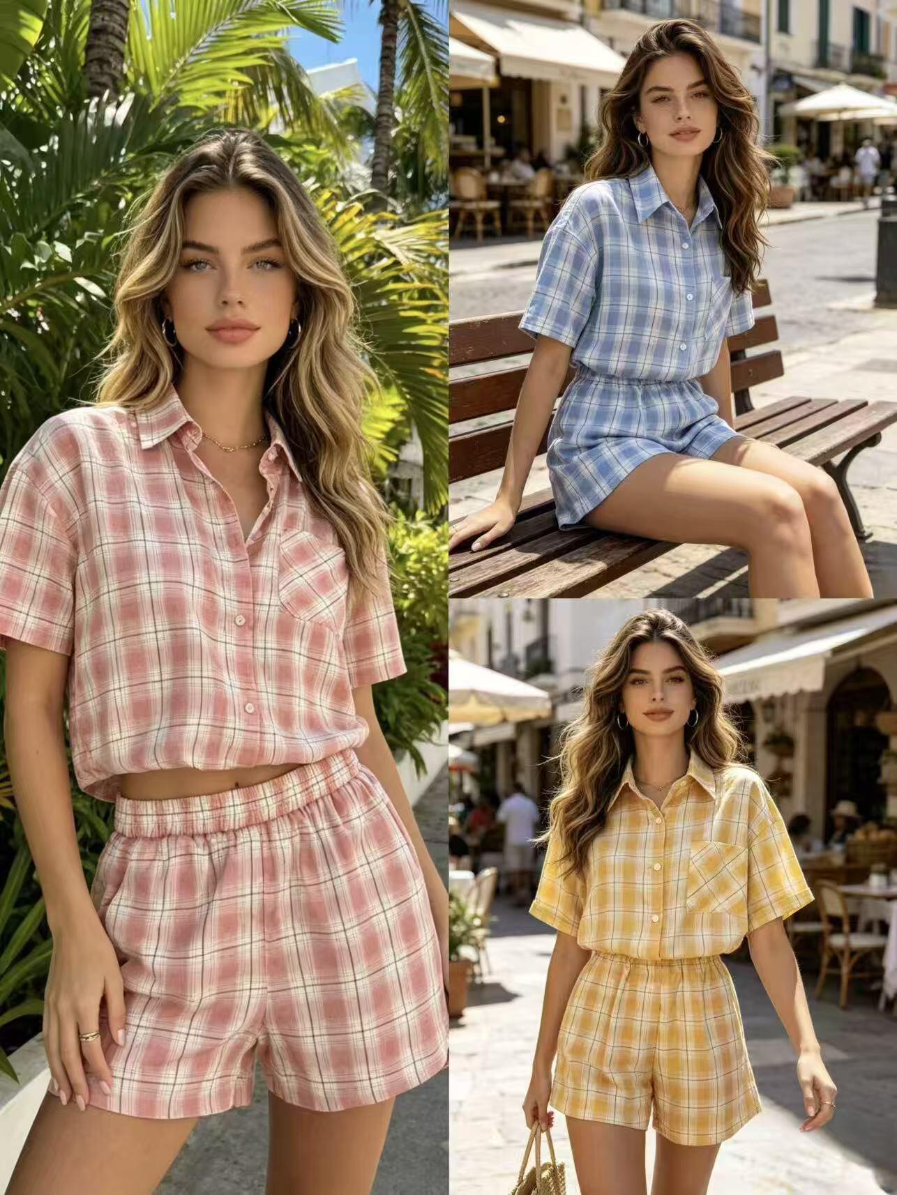 Wholesaler WEILCO - PLAID SHIRT SET WITH SHORT SLEEVES AND BERMUDA SHORTS WITH RHINESTONES