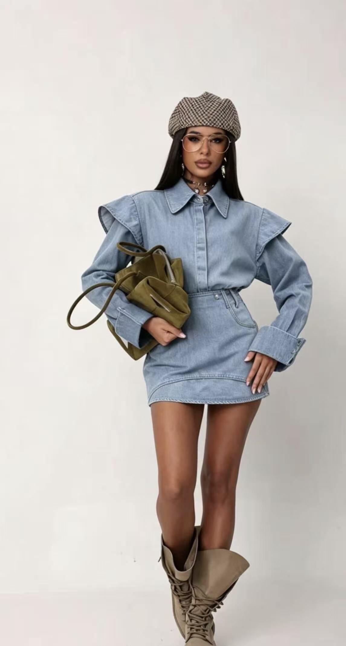 Mayorista WEILCO - Conjunto de chaqueta y camisa de denim con mangas remangadas, combinado con la falda de denim