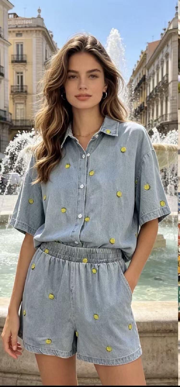 Wholesaler WEILCO - SHORT SLEEVE SHIRT SET WITH BERMUDA IN LEMON YELLOW EMBROIDERED DENIM FABRIC