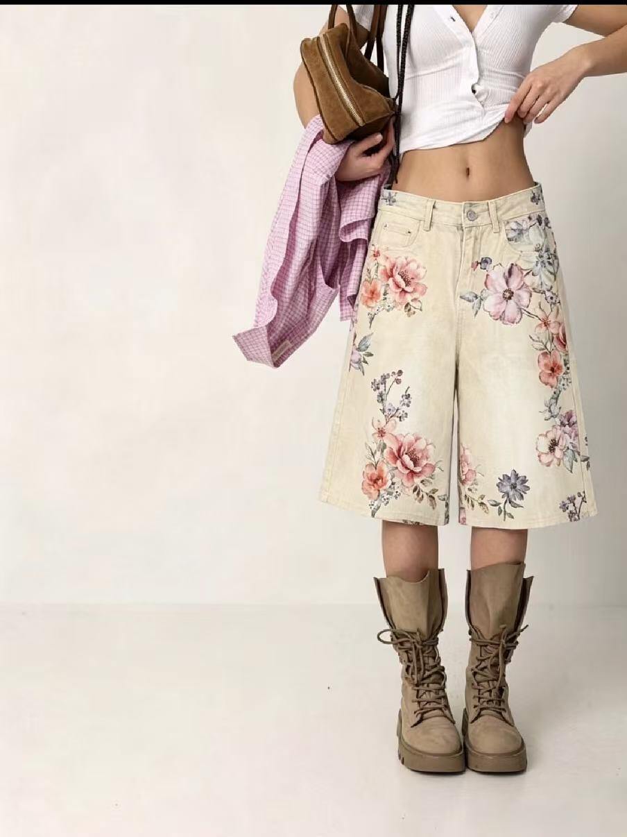 Grossista WEILCO - shorts denim beige floreale