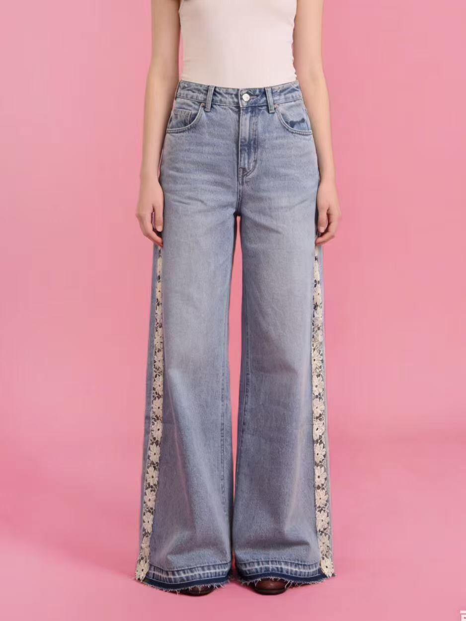 Grossista WEILCO - PANTALONE DENIM LARGO CON LATERALE PIZZO TRAFORATO
