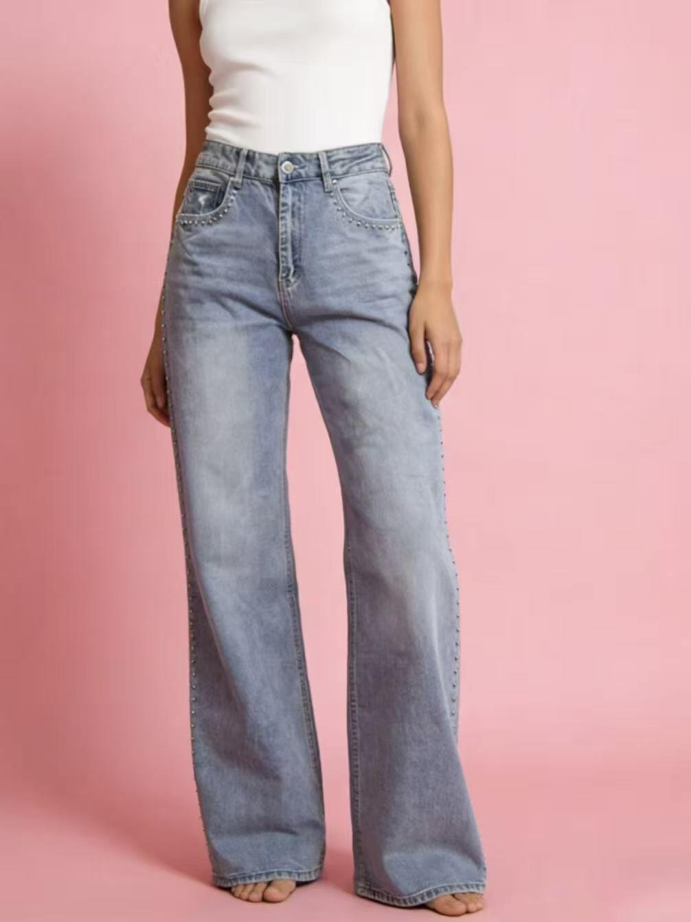 Grossista WEILCO - PANTALONE DENIM CHIARO STILE WIDE CON BORCHIA
