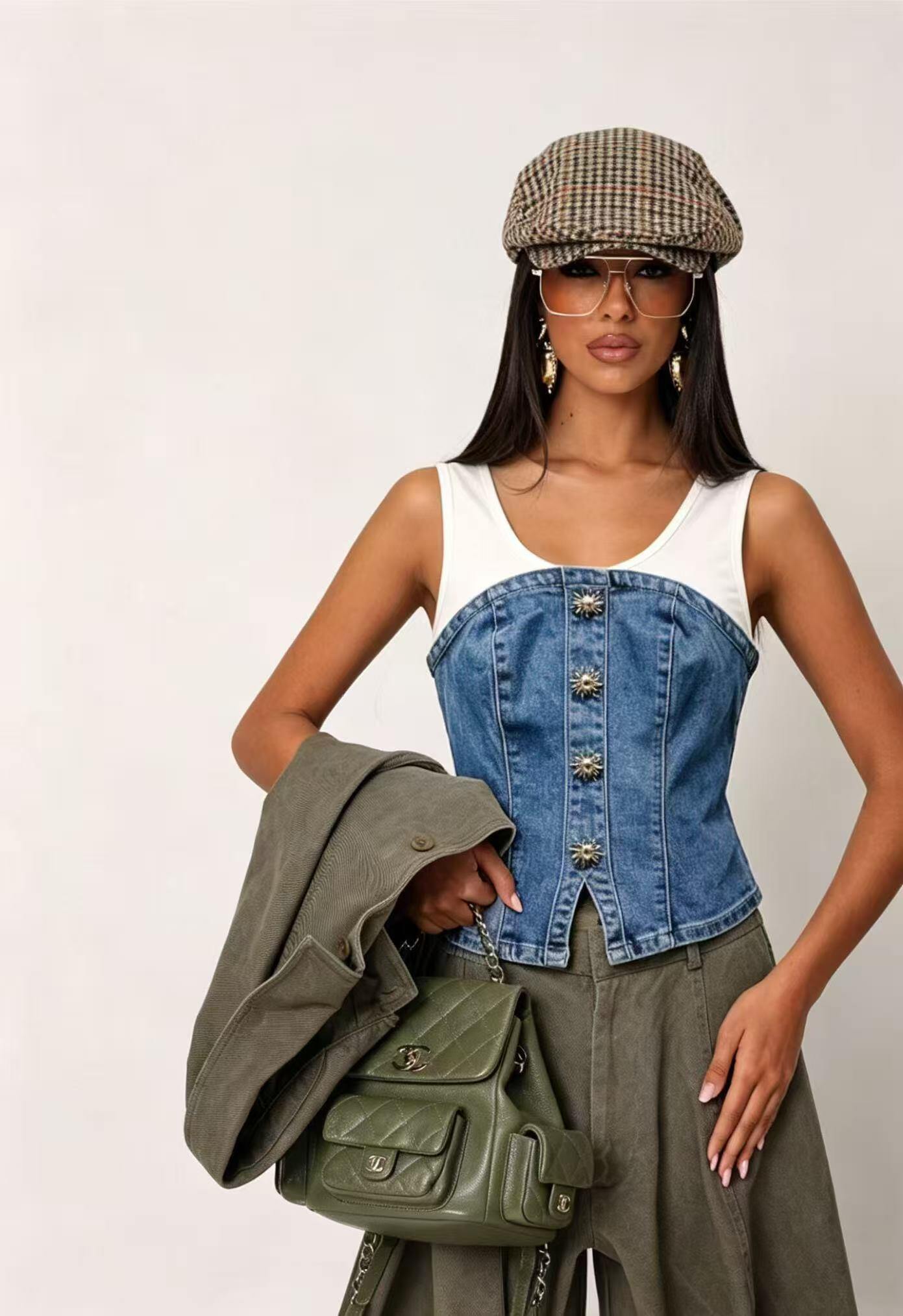 Mayorista WEILCO - Chaleco de denim combinado con efecto de camiseta de tirantes de jersey de algodón en el interior