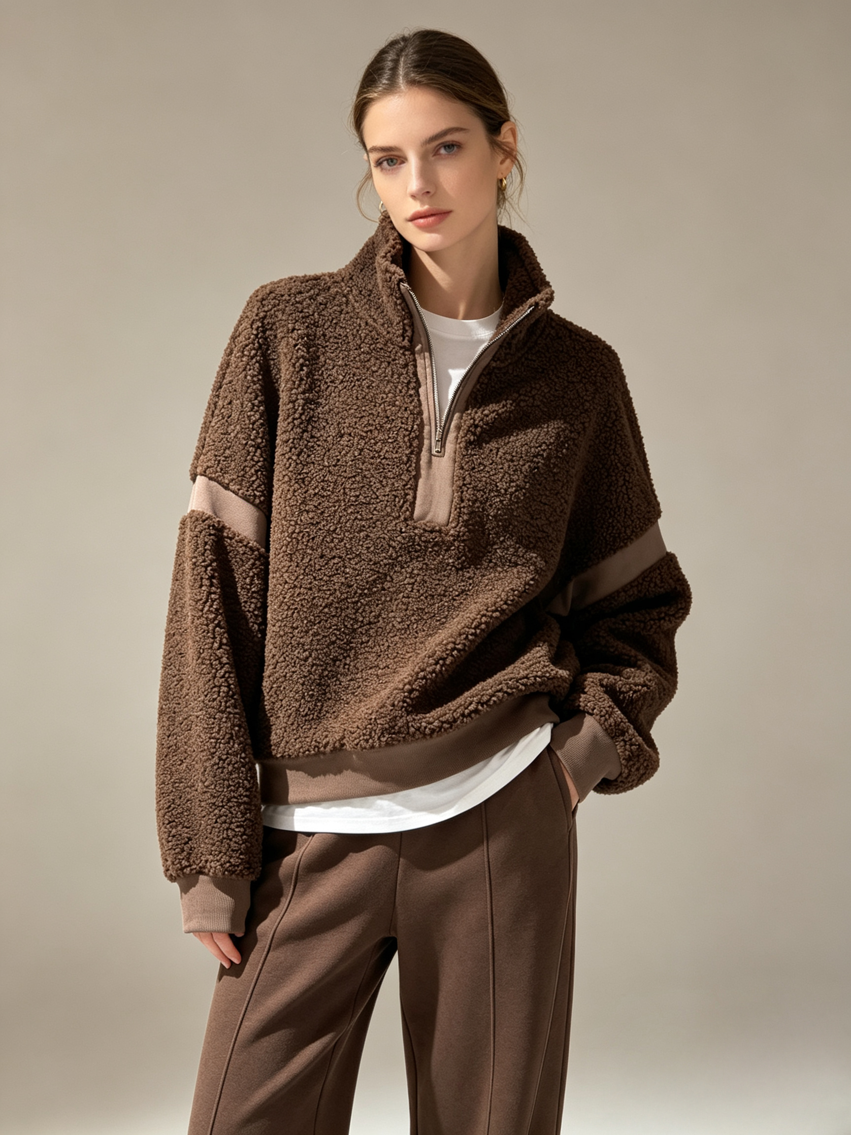 Wholesaler WESTEENE ITALY - OVERSIZED TWO-TONE HALF-ZIP TEDDY SWEATSHIRT