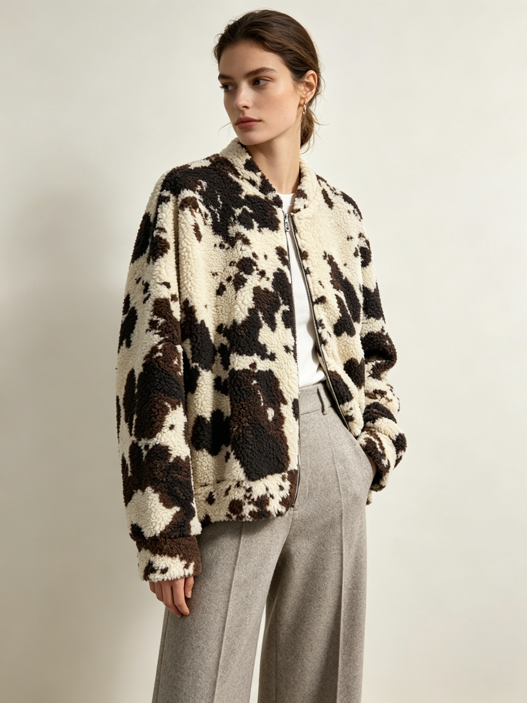 Grossiste WESTEENE ITALY - BLOUSON BOMBER EN SHERPA IMPRIMÉ VACHE FEMME