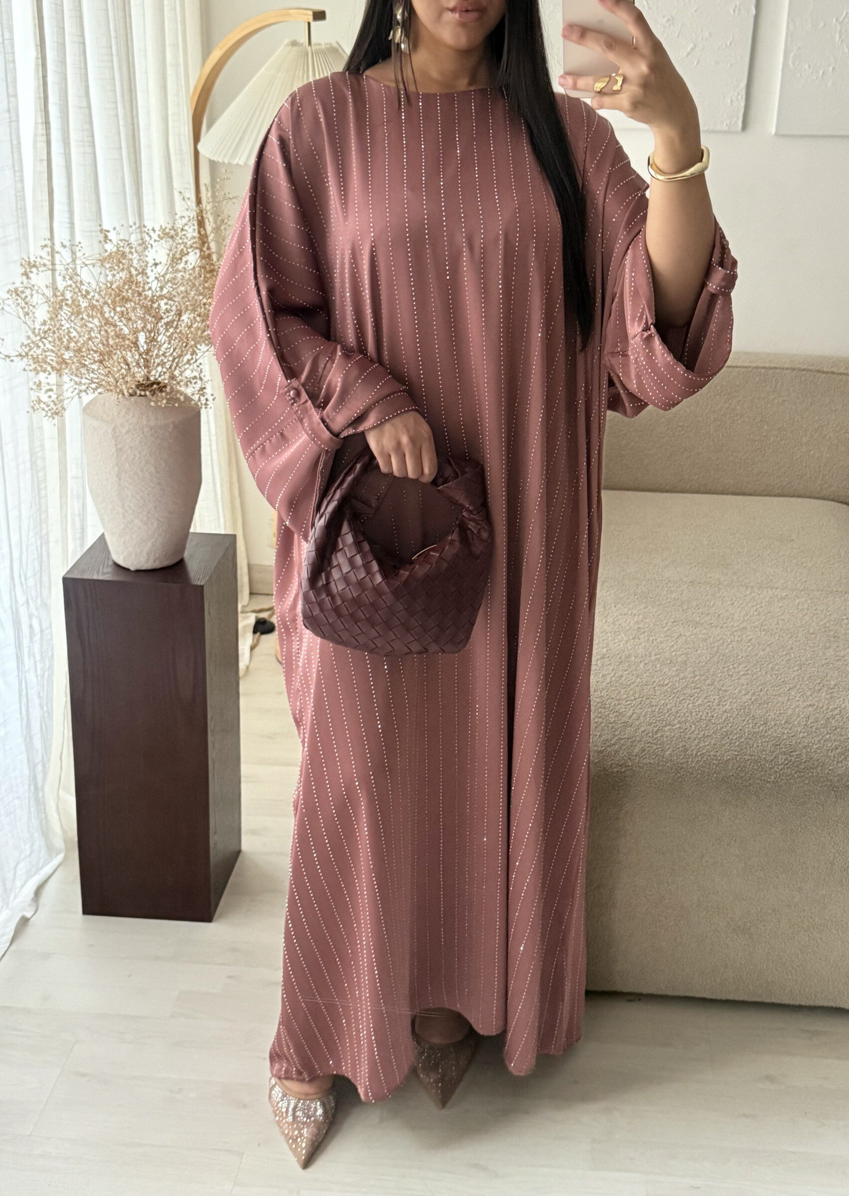 Großhändler White Icy - Lineare Abaya mit Strasssteinen