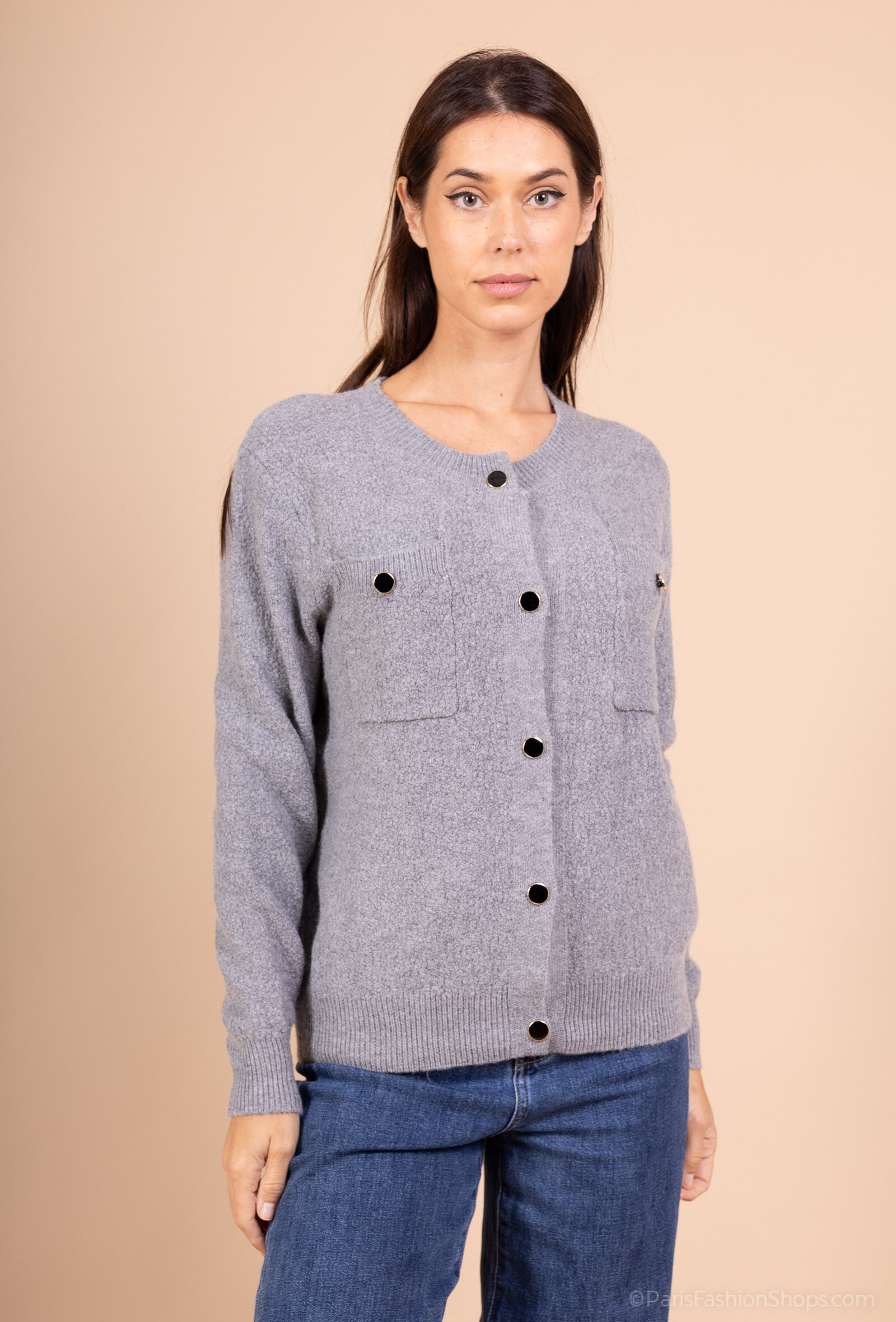 Großhändler WHOO - Rundhals-Wollcardigan mit goldenem Knopf