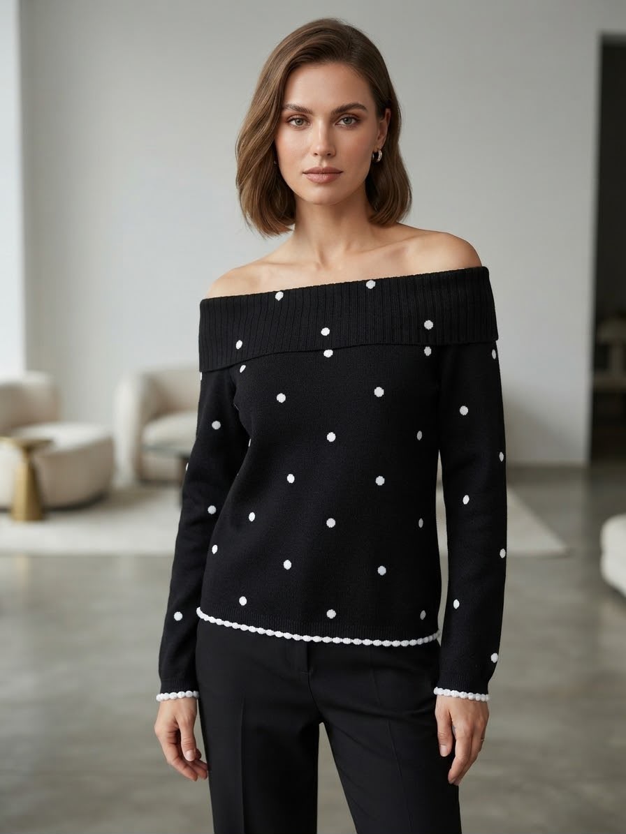 Grossista WHOO - maglione Bardot a pois neri con finitura Grossista WHOO - maglione Bardot a pois neri con finitura
