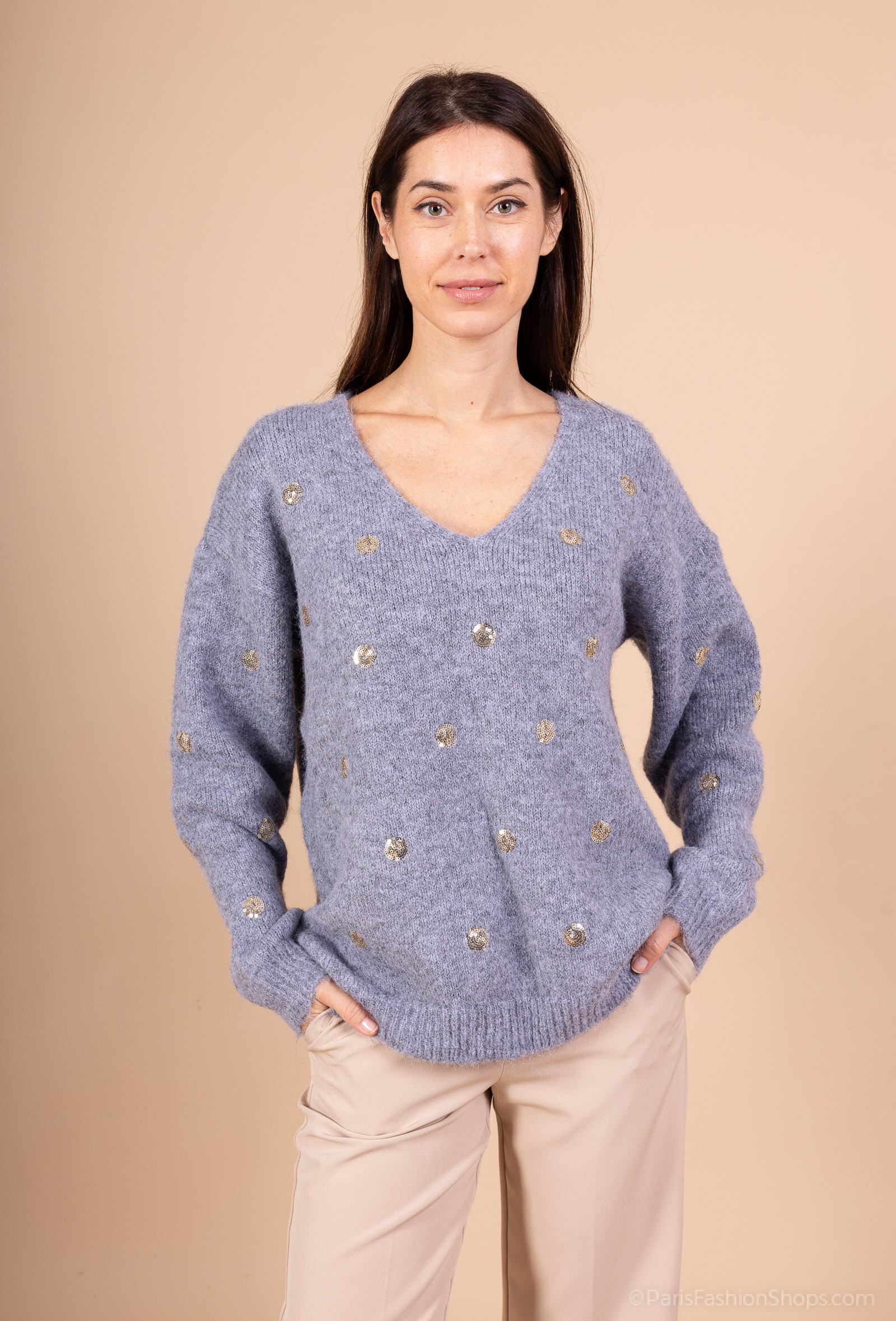 Wholesaler WHOO - V-neck sweater with golden sequin embroidery